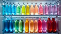 Colorful array of plastic bottles filled with vibrant beverages arranged in rainbow spectrum order on illuminated refrigerator shelves, perfect for beverage marketing and healthy lifestyle concepts.