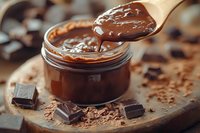 Rich chocolate spread in glass jar with wooden spoon, cocoa powder and dark chocolate pieces scattered around for breakfast and dessert recipes.