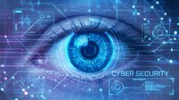 Futuristic cyber eye with digital interface elements and glowing blue iris surrounded by technological data visualization and security network graphics.