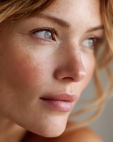Close-up portrait of young blonde woman with natural freckled skin and blue eyes showcasing authentic beauty and skincare concepts for wellness campaigns.