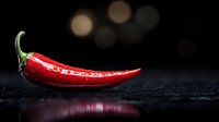 Fresh red chili pepper with water drops on dark background with bokeh lights and reflection, dramatic food photography for restaurant menu design.