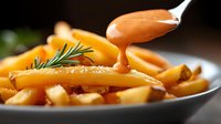 Golden french fries with creamy sauce dripping from spoon, rosemary garnish on dark plate, extreme close up macro food photography with selective focus.