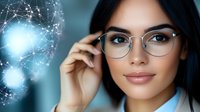 Young Hispanic businesswoman with glasses touching eyewear near glowing digital network connections representing artificial intelligence and technology innovation.