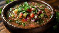 Fresh Middle Eastern tabbouleh salad with diced tomatoes, cucumbers, onions and parsley in rustic ceramic bowl on wooden table for healthy Mediterranean cuisine.
