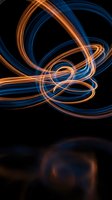 Dynamic light trails in orange and blue creating flowing energy waves on black background for modern digital design projects.