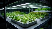 Modern hydroponic system with fresh green lettuce and herbs growing in white containers under LED grow lights in indoor vertical farm environment.