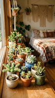 Cozy bedroom windowsill displaying collection of potted succulents in terracotta and ceramic planters, with macramé plant hanger, warm natural light, boho home decor style.