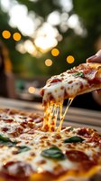 Slice of cheese pizza being pulled away with melted mozzarella stretching, outdoor setting with bokeh lights, food photography for restaurants and culinary content.
