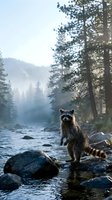 Curious raccoon standing on rocks beside flowing river in misty forest with sunlight streaming through pine trees creating magical wilderness atmosphere.