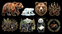 Grizzly bear, polar bear, and panda bear illustrations with paw prints and forest elements isolated on transparent background. Ready for t-shirt design, clipart, stickers, sublimation, and print-on-demand products.