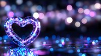 Glowing heart shape with sparkles and bokeh lights in blue and purple colors creates romantic atmosphere on dark reflective surface.