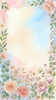 Watercolor floral frame with pink roses, peonies, green foliage, gold stars, hearts, and crescent moon on pastel gradient background. Isolated design ready for invitations, greeting cards, posters, and social media graphics.