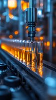 Automated pharmaceutical manufacturing line with test tubes filled with orange liquid medicine on conveyor belt, illuminated by modern industrial lighting.