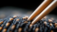 Extreme close-up of wooden chopsticks picking up delicate black caviar pearls with soft focus and dramatic lighting, highlighting luxury gourmet seafood delicacy.