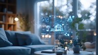Futuristic smart home interface with holographic displays showing connected devices and automation controls in cozy living room setting at dusk.