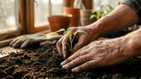 Senior gardener hands protecting young green seedling in rich soil near sunny window. Elderly man nurturing plant growth in indoor garden setting.