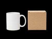 White ceramic mug and kraft cardboard box isolated on transparent background, ready for sublimation, print-on-demand, mockups, and product design applications.