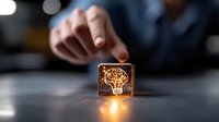 Glowing brain icon on transparent glass cube with hand reaching, illuminated from within on dark surface. Modern technology and artificial intelligence concept.