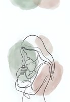 Tender mother holding newborn baby in continuous line art style with soft watercolor background for nursery decor and parenting materials.