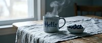 Steaming ceramic mug with Hello inscription on rustic wooden table with linen cloth and bowl of blueberries near window, cozy morning.