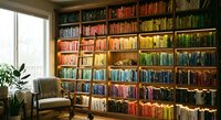 Cozy home library with floor-to-ceiling bookshelves filled with colorful books, comfortable reading chair by window, warm natural lighting creates inviting atmosphere.