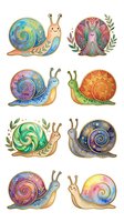 Decorative snails with ornamental spiral shells in various colors including blue, purple, green, and orange, isolated on white background. Whimsical garden creatures with detailed patterns, perfect for children's illustrations, textile design, and craft projects.