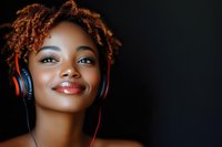 Young African American woman with curly red hair smiling while listening to music with colorful headphones against black background.