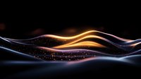 Glowing abstract waves with golden and purple light trails flowing on dark background, sparkling particles creating dynamic motion effect.