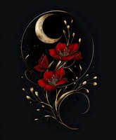 Mystical red flowers with golden crescent moon on black background, elegant floral composition with celestial elements and decorative swirls for magical designs.