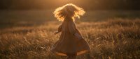 Young girl with curly hair spinning joyfully in a golden field at sunset, her flowing dress twirling in warm glowing light.