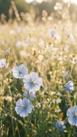 Delicate blue wildflowers blooming in golden sunlight with soft bokeh background creating dreamy natural meadow scene for spring and summer concepts.