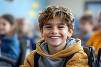 Happy young Caucasian boy with curly hair smiling in classroom wearing yellow hoodie. Elementary school student portrait with cheerful expression and bright smile.