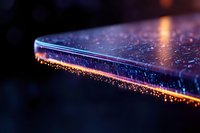 Macro photography of glowing edge with water droplets and light reflections creating magical bokeh effect against dark background, modern abstract art concept.