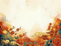 Lunar new year celebration background with traditional red lanterns, blooming peonies, and ornamental pagoda architecture in warm gold and crimson tones, featuring decorative clouds and floral elements for festive greeting cards and seasonal designs.
