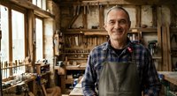 Middle-aged Caucasian male craftsman wearing blue plaid shirt and canvas apron, smiling in rustic woodworking workshop with tools, shelves, and natural light from windows. Suitable for trades, small business, and craft industry content.