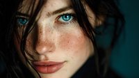 Young Caucasian woman with striking blue eyes and natural freckles looking directly at camera with tousled brown hair in moody portrait lighting.