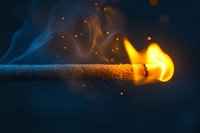 Burning match with bright yellow flame and blue smoke against dark background, macro photography capturing sparks and glowing embers in dramatic detail.