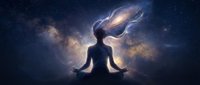 Silhouette of woman meditating in lotus pose with cosmic energy flowing from head against starry galaxy background for spiritual wellness designs.