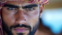 Close up portrait of young Middle Eastern man wearing traditional keffiyeh headscarf, focusing on intense gaze and well-groomed facial features against blurred background.