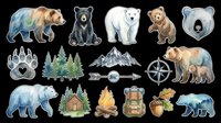 Watercolor bear illustrations including grizzly, black bear, polar bear, and brown bear with paw prints, forest trees, mountains, compass, cabin, campfire, and backpack elements isolated on transparent background. Ready for t-shirt design, clipart, stickers, sublimation, and print-on-demand products.