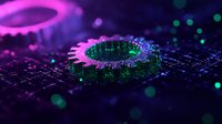 Glowing pink and green virus cell structure on digital circuit background with bokeh effect, representing technology and medical research in dark environment.