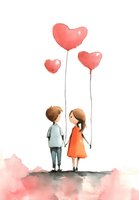 Watercolor illustration of couple holding hands with heart-shaped balloons, romantic artwork for Valentine's cards, wedding invitations, and anniversary celebrations.