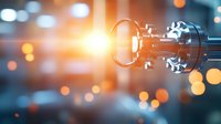 Glowing key floating in dark space with bokeh light effects and metallic mechanism, symbolizing digital security and access control solutions.