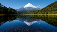 Majestic snow-capped Mount Fuji reflected in calm lake waters surrounded by lush green forest landscape under blue sky, peaceful nature scenery in Japan.