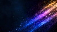 Magical cosmic trail with sparkling gold, purple and blue glowing particles flowing through dark space background, creating ethereal light effect for fantasy designs.