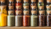 Colorful spice jars with cork lids arranged on wooden shelf containing various herbs, seasonings and cooking ingredients for culinary preparation.