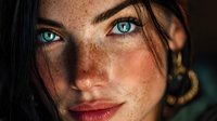 Young woman with striking blue eyes and natural freckles, dark hair framing face, warm lighting creates intimate portrait for beauty and skincare campaigns.