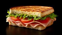 Fresh grilled sandwich with ham, tomato slices and crisp lettuce on toasted bread against dark background, appetizing deli lunch food photography.