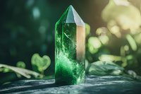 Luminous green crystal point with internal inclusions glowing in natural sunlight against blurred forest background, mystical healing stone on dark surface.