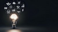 Light bulb with glowing brain inside surrounded by technology icons on dark background representing innovation, creativity and smart solutions for business.